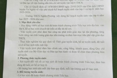 KẾ HOẠCH TUYỂN SINH VÀO LỚP 6 NĂM HỌC 2025-2026